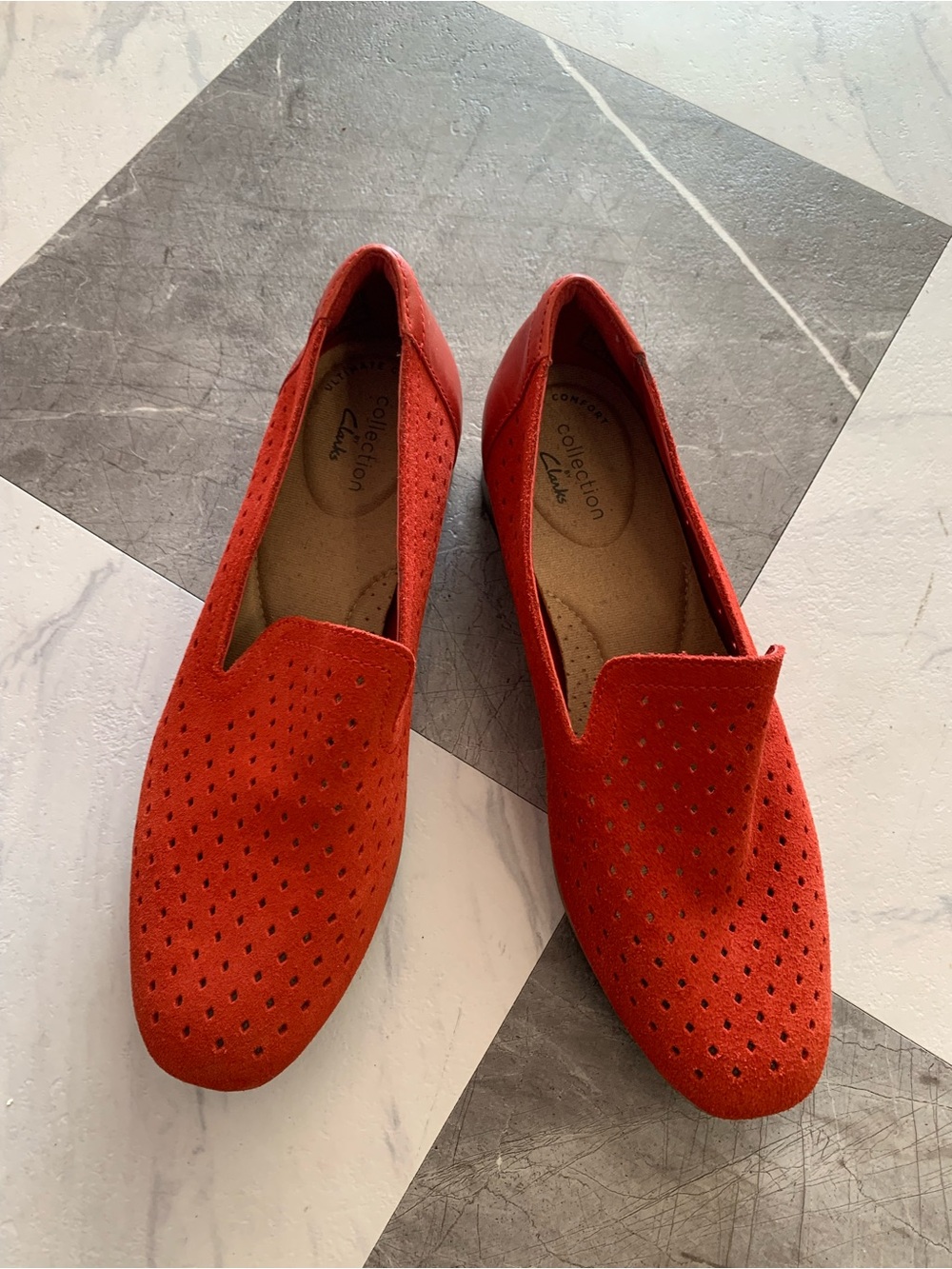 Clarks Red Perforated Slip-On Flats